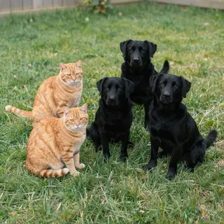 2 orange cats and 3 black dogs sitting together on a grassy 