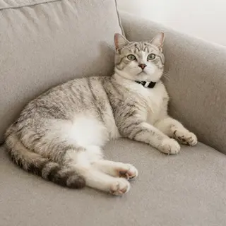 A cat lying on a couch without a collar