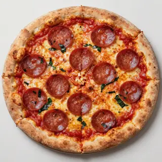 A pepperoni pizza with tomato sauce, basil, and crust but ab