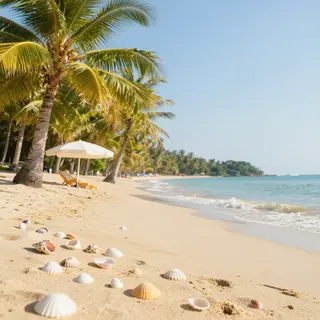 A sandy beach with palm trees, seashells, and a beach umbrel