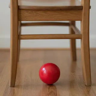 A red ball underneath a wooden chair