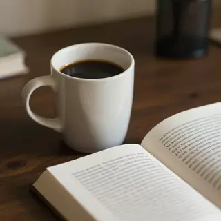 A coffee mug next to an open book on a desk