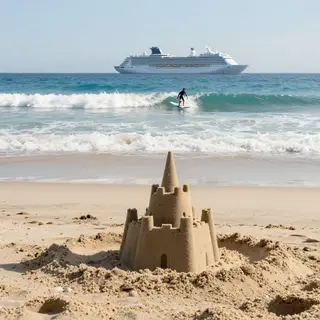A beach scene with a sandcastle in the foreground, a surfer 