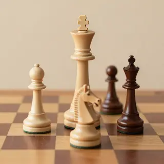 Five chess pieces on a board: a king in the center, a queen 
