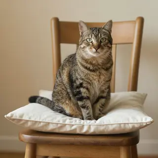 A cat sitting on a pillow, the pillow placed on a wooden cha