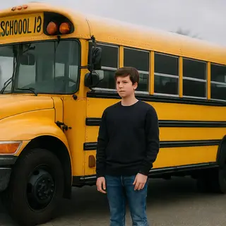 A person standing next to a yellow school bus, showing reali