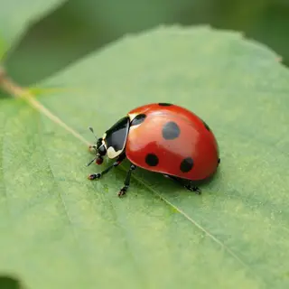 A ladybug sitting on a large green leaf, shown at realistic 