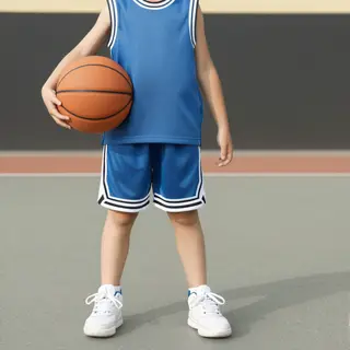 A child holding a basketball, both at correct relative sizes
