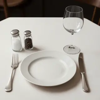 A dinner table scene with a plate, fork, knife, wine glass, 