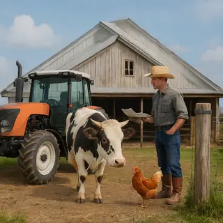 A farm scene with a barn, tractor, farmer, cow, chicken, and