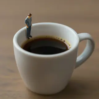A tiny person standing on the rim of a coffee cup, looking d