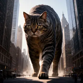 A giant tabby cat walking between city skyscrapers like a ka