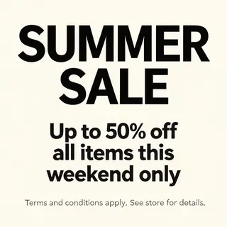 A poster with headline 'SUMMER SALE' in large bold text, bod