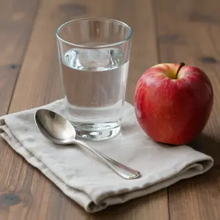 A still life on a wooden table featuring a clear glass of wa
