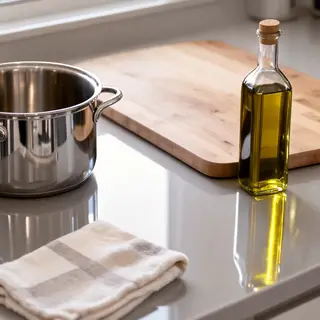 A kitchen counter with a stainless steel pot, a wooden cutti