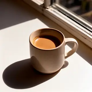 A coffee mug on a sunny windowsill casting a sharp shadow to