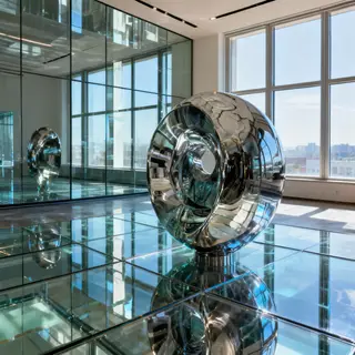 A chrome sculpture in a room with a glass floor and large wi