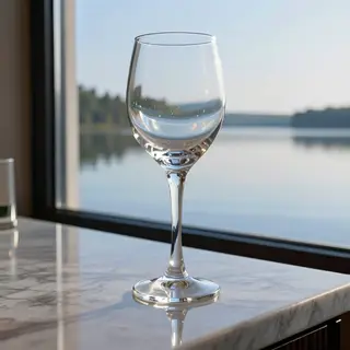 A crystal wine glass on a polished marble counter next to a 