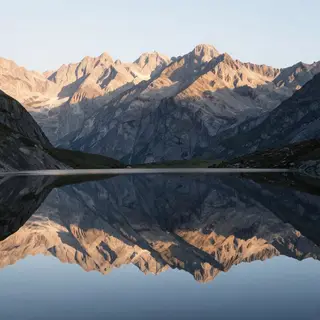 A mountain range reflected in a still alpine lake, with the 