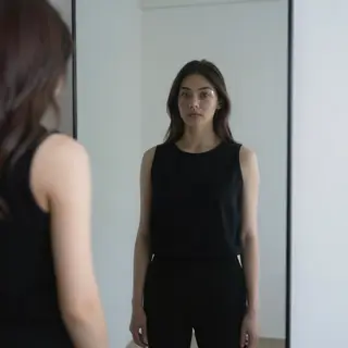 A woman standing in front of a full-length mirror, her refle