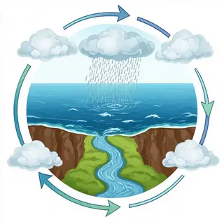 A detailed diagram of the water cycle showing evaporation fr
