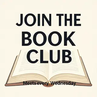 A book club poster with an open book illustration, the title