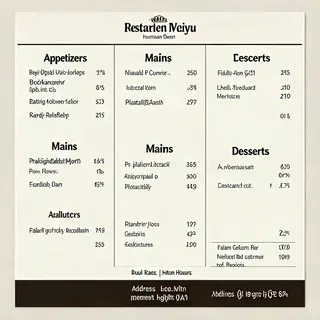 A restaurant menu layout with a logo header, three category 