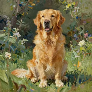 A golden retriever sitting in a garden, painted in the style