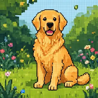 A golden retriever sitting in a garden, rendered in pixel ar