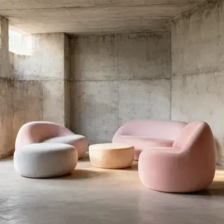 An interior scene rendered in soft brutalism — raw concrete 