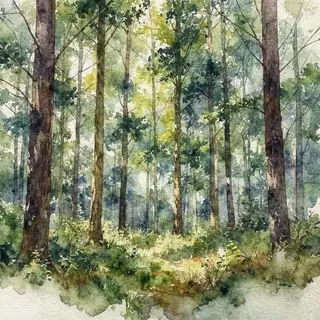A forest rendered in photorealistic watercolor — the detail 