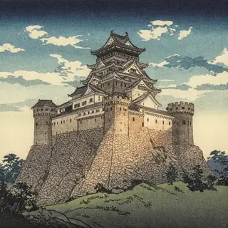 A medieval castle depicted in Japanese ukiyo-e woodblock pri