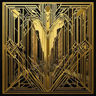 A city street scene in the style of Art Deco — geometric sha