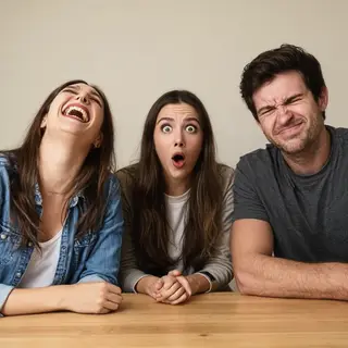 A group of three friends at a table: one laughing with head 