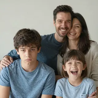 A family photo with four people: a father beaming with pride