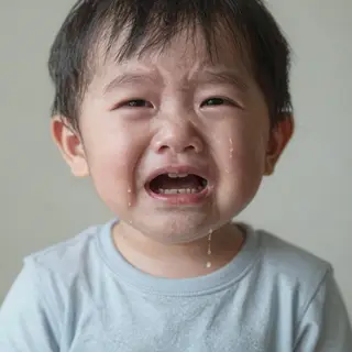 A 5-year-old child with round cheeks and large eyes, crying 