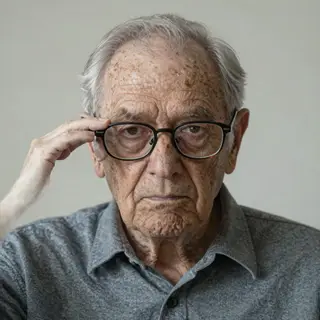 An elderly man in his 70s with age spots and thinning gray h