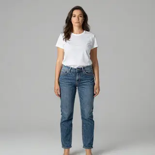 A woman standing upright in a relaxed pose, arms at her side