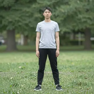 A person standing in a neutral pose in a park, full body vis