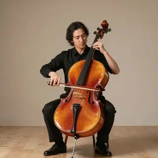 A cellist seated with correct posture, legs around the instr