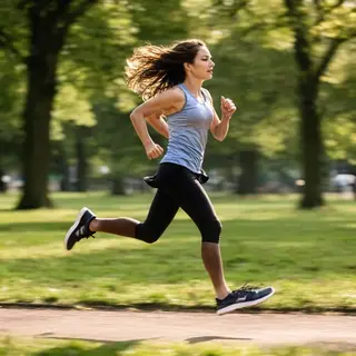 A woman mid-stride running through a park, hair and clothes 