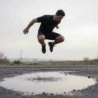 A man captured mid-jump over a puddle, body in the air with 