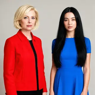 Two women standing side by side: one with short blonde hair 