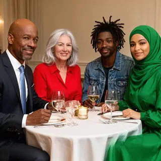 Four people at a dinner table: a bald man in a suit, a woman