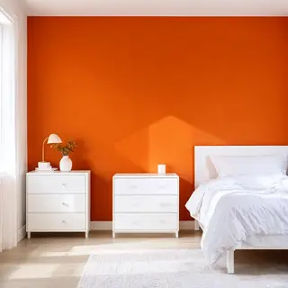 A bedroom wall painted in #FF6B35 (burnt orange) with white 