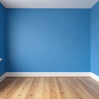 A room with walls in #4A90D9 (medium blue) with warm wooden 