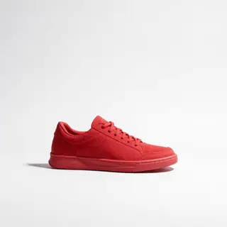 A single red sneaker on a clean white background with soft s