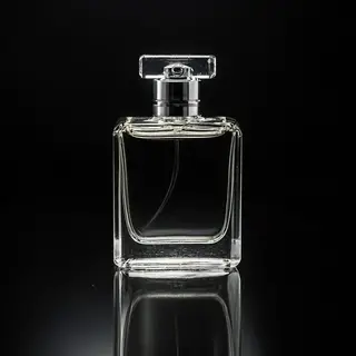 A clear glass perfume bottle on a reflective black surface w