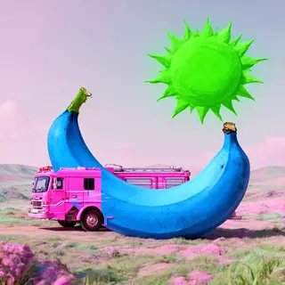 A pink fire truck, a blue banana, and a green sun in a surre