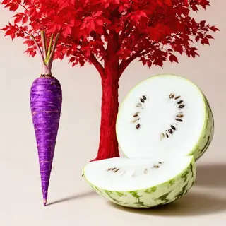 A purple carrot, a red tree with red leaves, and a white wat